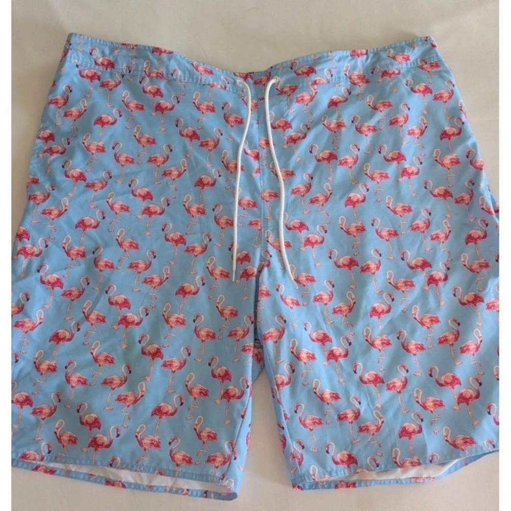 St Johns Bay Swim Shorts Tie Waist Size 3XLT Brief Lined Blue Pink Flamingos‎